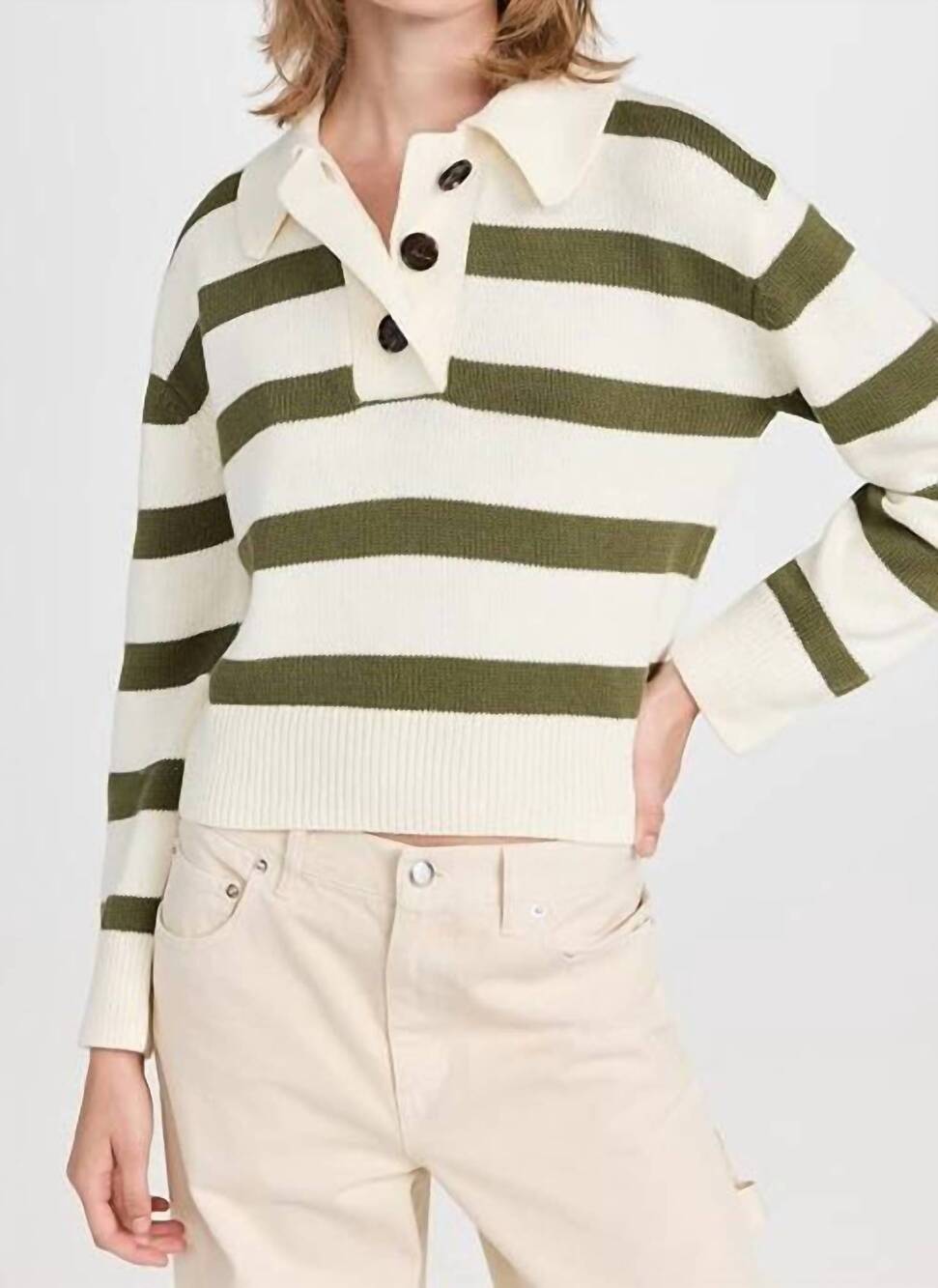 NEW RAILS shae polo sweater in ivory olive stripe